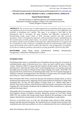 Translating Arabic Names Into English and the Possibility of Standardising the Mechanism of Their Transliteration