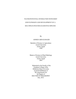 Water Potential Interaction with Host and Pathogen and Development of a Multiplex Pcr for Sclerotinia Species