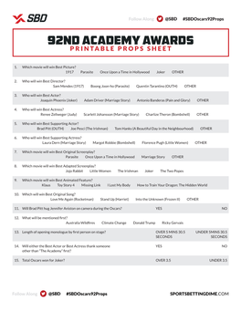 92Nd Academy Awards PRINTABLE PROPS SHEET