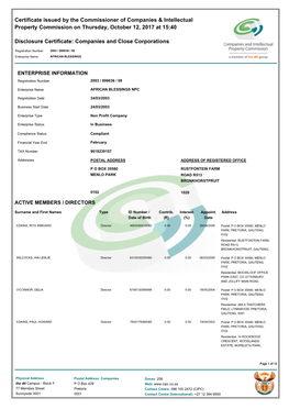 Certificate Issued by the Commissioner of Companies & Intellectual Property Commission on Thursday, October 12, 2017 at 15:40