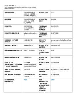 BASIC DETAILS 75317--CHAVARA PUBLIC SCHOOL PALA PO KOTTAYAM KERALA Dated : 20/10/2020