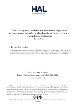 Electromagnetic Analysis and Simulation Aspects of Wireless Power Transfer in the Domain of Inductive Power Transmission Technology Lionel Pichon