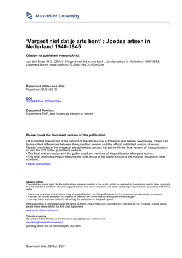 'Vergeet Niet Dat Je Arts Bent' : Joodse Artsen in Nederland 1940-1945