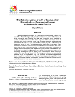 Oriented Microwear on a Tooth of Edestus Minor (Chondrichthyes, Eugeneodontiformes): Implications for Dental Function