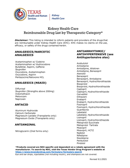 Kidney Health Care Reimbursable Drug List by Therapeutic Category*