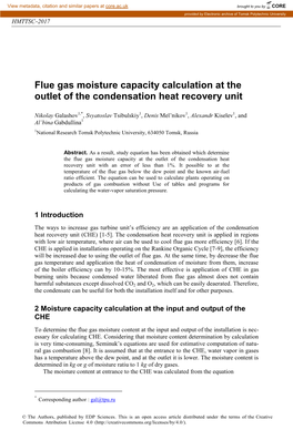 Flue Gas Moisture Capacity Calculation at the Outlet of the Condensation Heat Recovery Unit