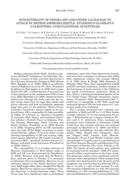 Susceptibility of Persea Spp. and Other Lauraceae to Attack by Redbay Ambrosia Beetle, Xyleborus Glabratus (Coleoptera: Curculionidae: Scolytinae)