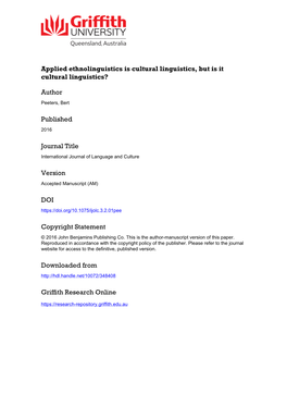 Applied Ethnolinguistics Is Cultural Linguistics, but Is It Cultural Linguistics?