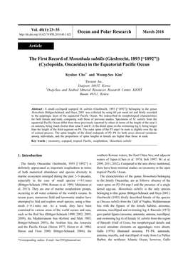 Ocean and Polar Research the First Record of Monothula Subtilis