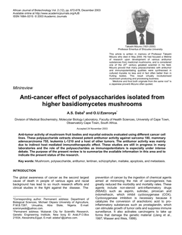 Anti-Cancer Effect of Polysaccharides Isolated from Higher Basidiomycetes Mushrooms