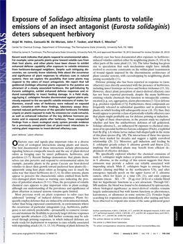 Exposure of Solidago Altissima Plants to Volatile Emissions of an Insect Antagonist (Eurosta Solidaginis) Deters Subsequent Herbivory