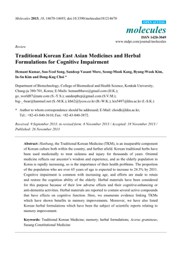 Traditional Korean East Asian Medicines and Herbal Formulations for Cognitive Impairment