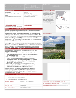 Country: I N D O N E S I a City: Banda Aceh, Bekasi & Mataram Status: ONGOING Key Sector(S): WASTEWATER P R O P O N E N