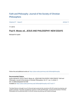 Paul K. Moser, Ed., JESUS and PHILOSOPHY: NEW ESSAYS