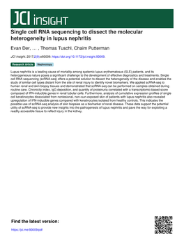 Single Cell RNA Sequencing to Dissect the Molecular Heterogeneity in Lupus Nephritis