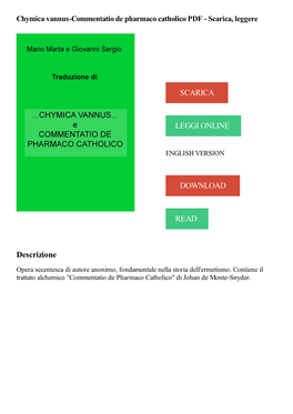 Chymica Vannus-Commentatio De Pharmaco Catholico PDF - Scarica, Leggere