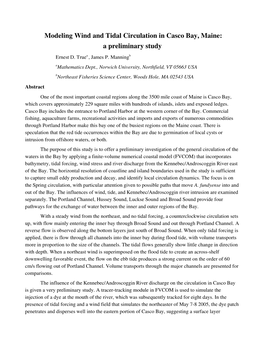 Modeling Wind and Tidal Circulation in Casco Bay, Maine: a Preliminary Study Ernest D