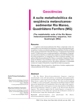 Geociências a Suíte Metatholeiítica Da Seqüência Metavulcanos- Sedimentar Rio Manso, Quadrilátero Ferrífero (MG)