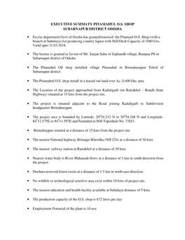EXECUTIVE SUMMATY PITAMAHUL O.S. SHOP SUBARNAPUR DISTRICT ODISHA • Excise Department Govt of Osisha Has Granted/Renewed the P