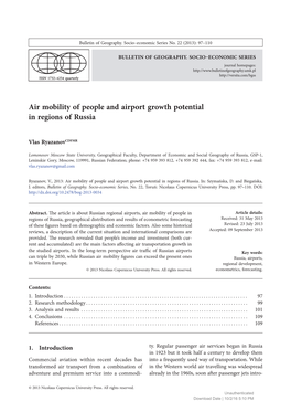 Air Mobility of People and Airport Growth Potential in Regions of Russia