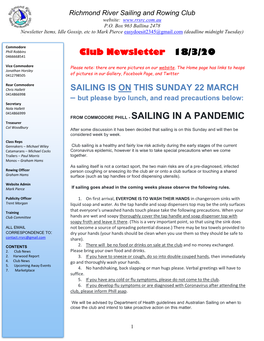Club Newsletter 18/3/20 SAILING IS on THIS SUNDAY 22 MARCH