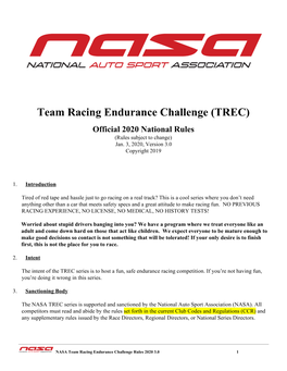 Team Racing Endurance Challenge (TREC) Official 2020 National Rules (Rules Subject to Change) Jan