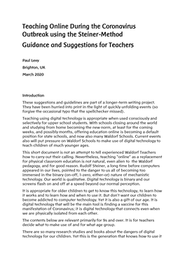 Teaching Online During the Coronavirus Outbreak Using the Steiner-Method Guidance and Suggestions for Teachers