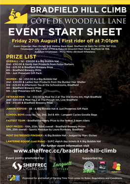 EVENT START SHEET Friday 27Th August | First Rider Off at 7:01Pm Event Organiser: Marc Etches, 549 Walkley Bank Road, Sheffield S6 5AQ (Tel