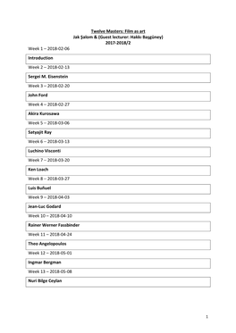 Twelve Masters: Film As Art Jak Şalom & (Guest Lecturer: Hakkı Başgüney) 2017-2018/2 Week 1 – 2018-02-06 Introduction Week 2 – 2018-02-13 Sergei M
