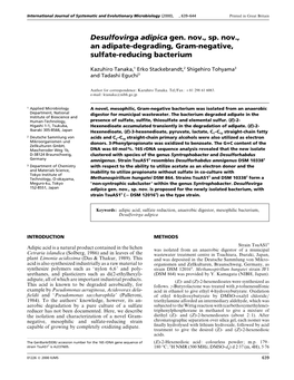 Desulfovirga Adipica Gen. Nov., Sp. Nov., an Adipate-Degrading, Gram-Negative, Sulfate-Reducing Bacterium