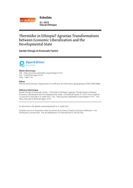 Echogéo, 31 | 2015 Thermidor in Ethiopia? Agrarian Transformations Between Economic Liberalizati