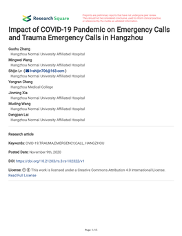 Impact of COVID-19 Pandemic on Emergency Calls and Trauma Emergency Calls in Hangzhou