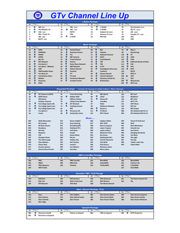 Gtv Channel Line up Lifeline Package Ch Tve Ch Tve Ch Tve Ch Tve 2 NBC-KSNC 9 PBS - KOOD 14 C-SPAN2 20 Stormtracker-KWCH 3 the Weather Ch