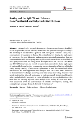 Sorting and the Split-Ticket: Evidence from Presidential and Subpresidential Elections