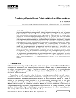 Broadening of Spectral Lines in Emission of Atomic and Molecular Gases © International Science Press I R a M P ISSN: 2229-3159 8(2), December 2017, Pp