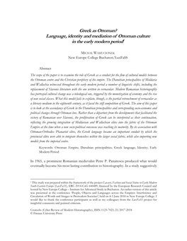 Greek As Ottoman? Language, Identity and Mediation of Ottoman Culture in the Early Modern Period1