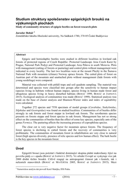 Studium Struktury Společenstev Epigeických Brouků Na Výzkumných Plochách Study of Community Structure of Epigeic Beetles on Forest Research Plots