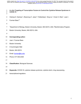 In Vitro Targeting of Transcription Factors to Control the Cytokine Release Syndrome in 2 COVID-19 3