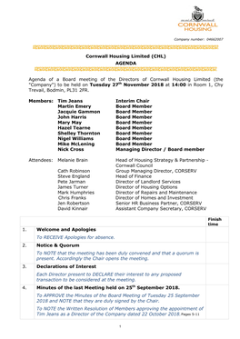 (CHL) AGENDA Agenda of a Board Meeting of the Directors of Cornwall