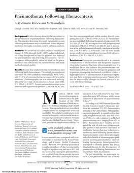 Pneumothorax Following Thoracentesis a Systematic Review and Meta-Analysis