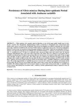 Persistence of Vibrio Mimicus During Inter-Epidemic Period Associated with Anabaena Variabilis