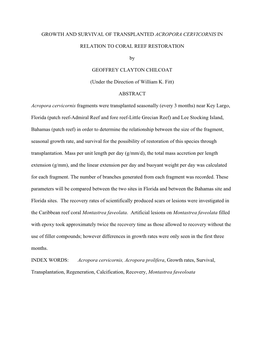 Growth and Survival of Acropora Cervicornis