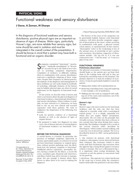 Functional Weakness and Sensory Disturbance J Stone, a Zeman, M Sharpe