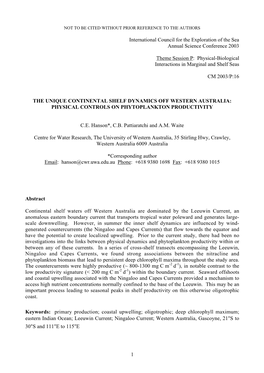 The Unique Continental Shelf Dynamics Off Western Australia: Physical Controls on Phytoplankton Productivity