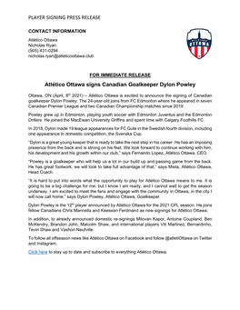 PLAYER SIGNING PRESS RELEASE Atlético Ottawa Signs Canadian