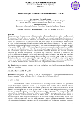 Understanding of Travel Motivations of Domestic Tourists
