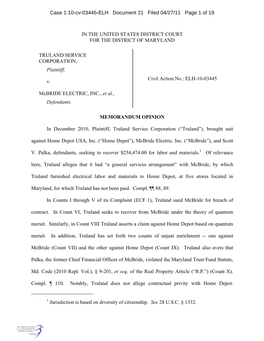 IN the UNITED STATES DISTRICT COURT for the DISTRICT of MARYLAND TRULAND SERVICE CORPORATION, Plaintiff, V. Mcbride ELECTRIC, IN