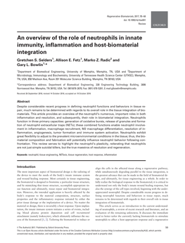 An Overview of the Role of Neutrophils in Innate Immunity, Inflammation and Host-Biomaterial Integration Gretchen S