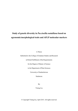 Study of Genetic Diversity in Puccinellia Nuttalliana Based on Agronomic/Morphological Traits and AFLP Molecular Markers