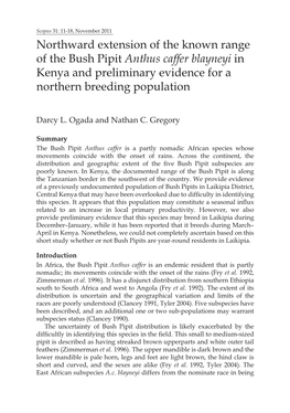 Northward Extension of the Known Range of the Bush Pipit Anthus Caffer Blayneyi in Kenya and Preliminary Evidence for a Northern Breeding Population